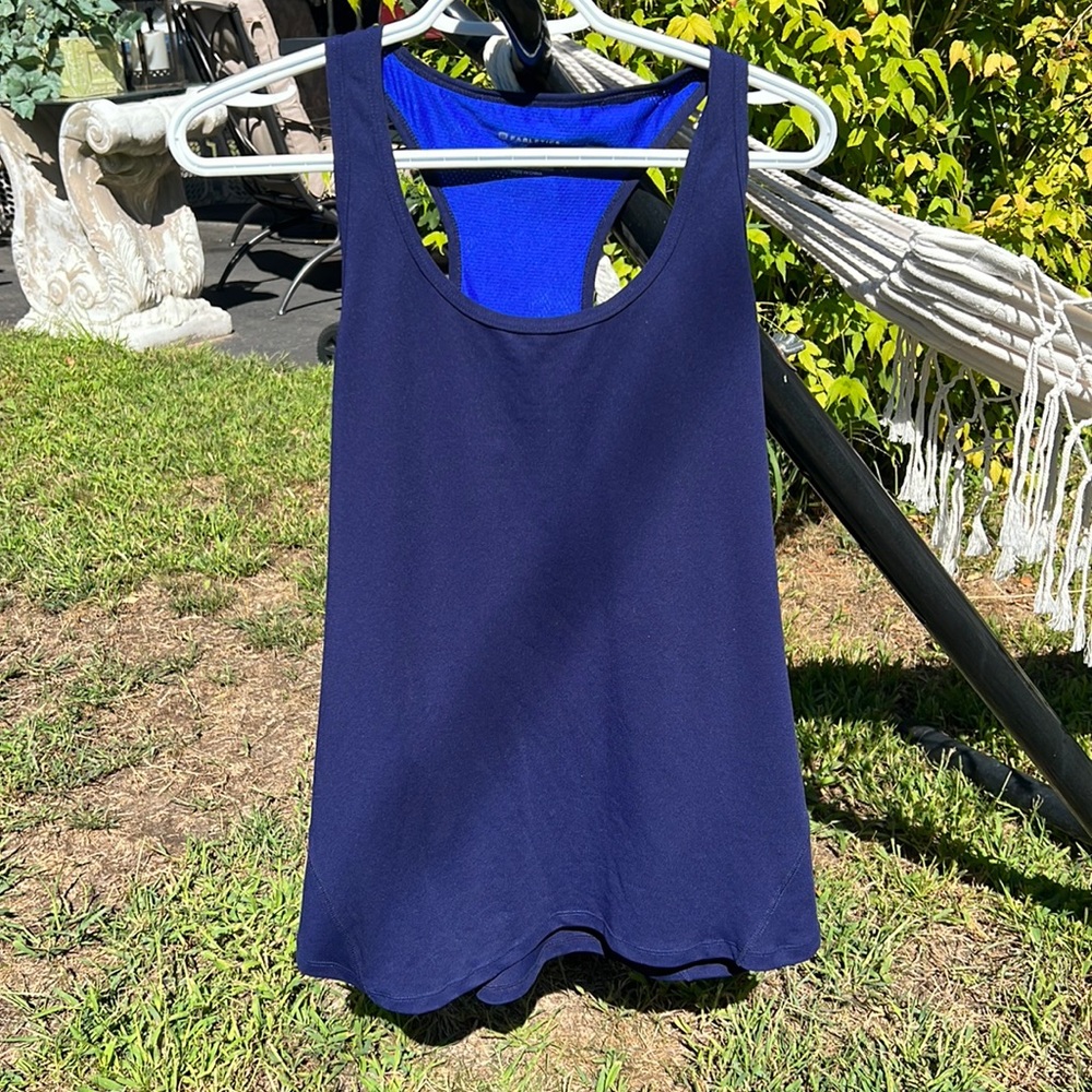 Fabletics Tank Layered Size XXL Blue Black Razor Back Mesh Yoga Workout new